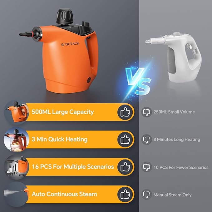 Handheld Steam Cleaner Steam Cleaner with 16 PCS Accessory &amp Safety Lock 500ML Capacity Multi-Surface Deep Cleaning for Home Car Bathroom Grout Floor Window (Orange)