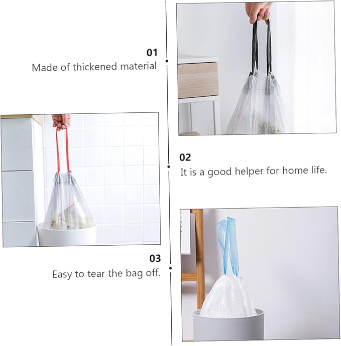 VICASKY 90pcs Drawstring Trash Bags Disposable Garbage Bags with Handles for Kitchen and Bathroom Use Gray and White Color Random Styles Random Color