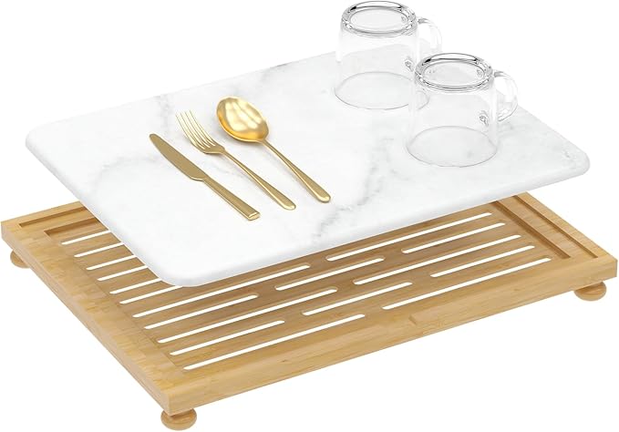 Golener Stone Drying Mat for Kitchen Counter Dish Drying Pad with Bamboo Rack Super Absorbent Diatomaceous Earth and Drying Rack Multi-purpose Quick Drying Mat Rack for Kitchen16”x12”Marble White