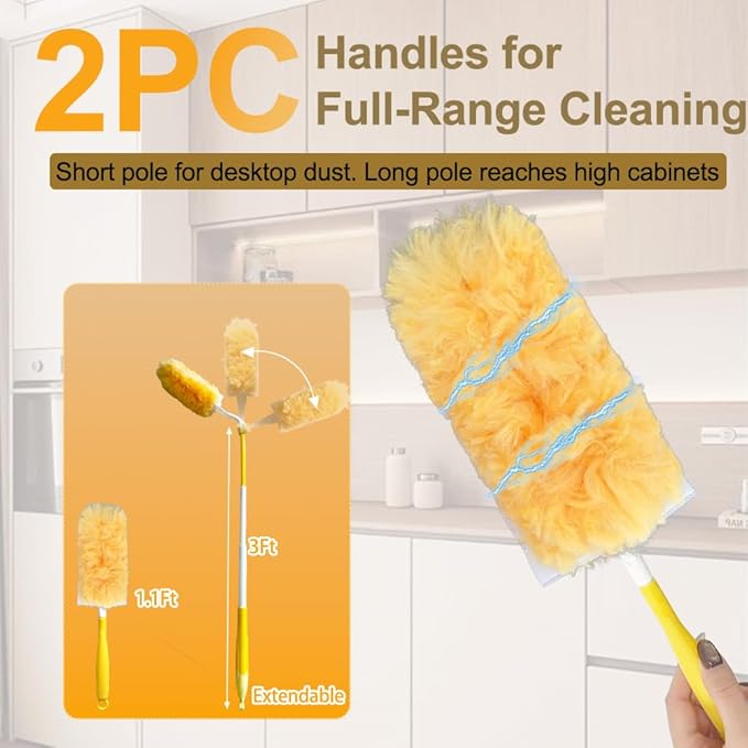 50 Count 360° Heavy Duty Duster Refills Unscented Disposable Dusters Refill Kit for Cleaning Dusting Furniture Blind Ceiling Fan with 1 Extension Retractable Pole + 1 Short Handle