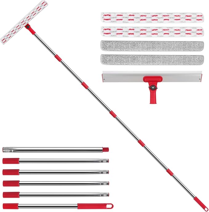 2-in-1 Professional Window Squeegee 86.6'' Window Cleaner Tool with 6-Section Extension Pole Window Cleaning Kit with 4 Microfiber Cloth Window Washing Equipment for in/Outdoor Windows