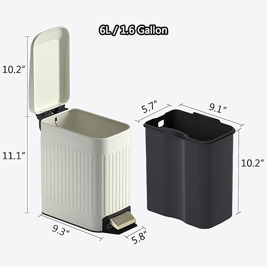 Small Bathroom Trash Can with Lid Soft Close-6L/1.6 Gal Slim Step Garbage Can-Metal Pedal Wastebasket-Narrow Rectangle Garbage Container Bin for Corner Office Bedroom Toilet Live Room-Beige