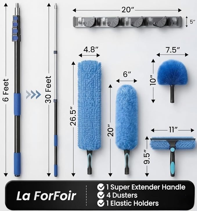 36ft High Ceiling Duster Kits with 5-30ft Heavy Duty Extension Pole - Fan Blade Cleaner Cobweb Remover &amp Blue Window Squeegee Kit Washable Dust Brush for High Roof and Glass Surfaces