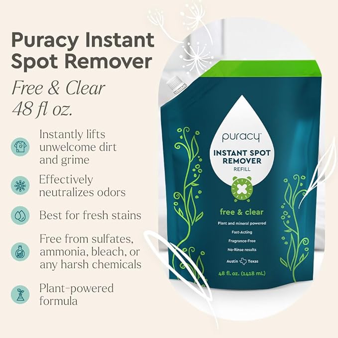 Puracy Instant Spot Remover for Clothes - Cleaning Spray Stain Spray - Car Cleaner Carpet Cleaning Solution Couch Stain Remover - Free &amp Clear 25 + 48 Fl Oz