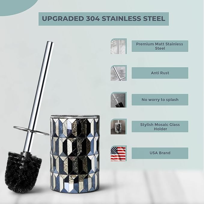 Escenzy Cute Toilet Brush and Holder Set Mosaic Glass | Non-Rustic Stainless Steel | Practical &amp Decorative Toilet Bowl Brush and Holder | Luxury Black and Gold Bathroom Accessories (Latest)