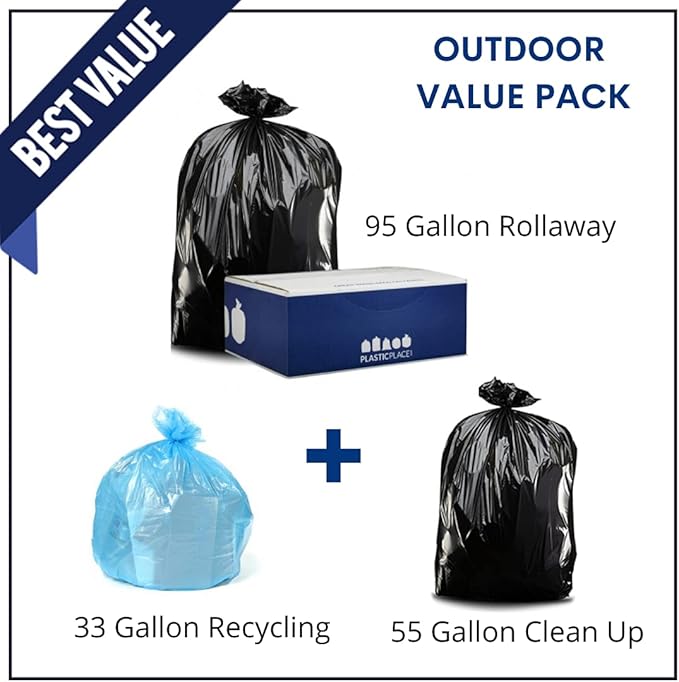 Plasticplace 5-Pack of Trash Bags: 33 Gallon Recycling Bag 55-60 Gallon Trash Bags and 95-96 Gallon Garbage Can Liners