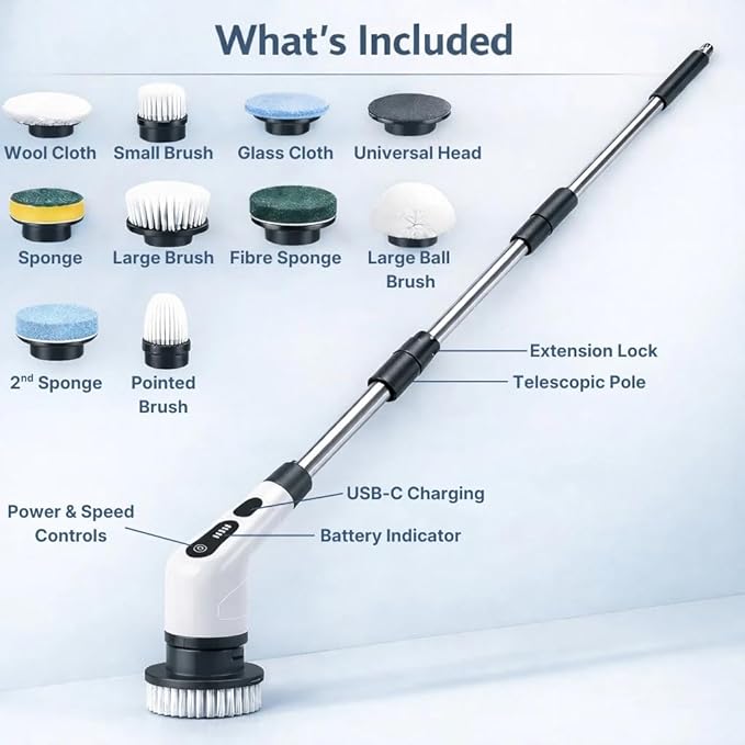 Sumoria Scrubber Electric Spin Scrubber 400 RPM Cordless Power Scrubber with 8 Replaceable Brushs Waterproof Ipx7 for Bathtub Kitchen Window (1 Set)