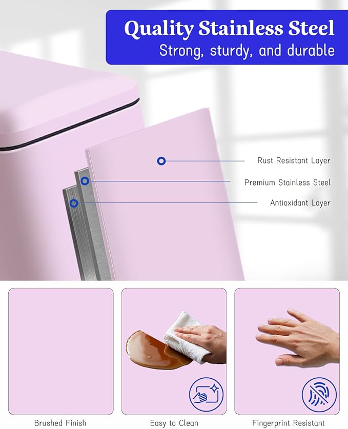 8 Gallon Step Trash Can with Soft Close Lid 30L Stainless Steel Garbage Can Fingerprint Resistant with Removal Inner Bucket Pink Trash Can for Home Kitchen Laundry Room Office Bathroom