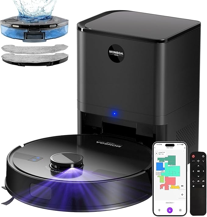 MONSGA Robot Vacuum and Mop Combo 6000Pa Robotic Vacuum with 3.5L Self Emptying Station Lidar Navigation Robot Vacuum Cleaner 180mins Runtime APP/Remote/Voice Control for Hard Floors and Carpets
