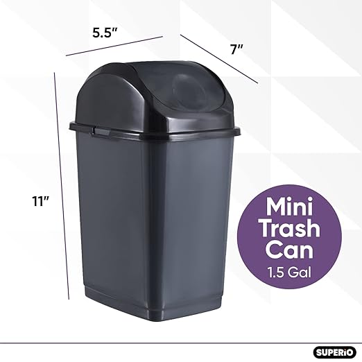 Superio Mini Desktop Trash Can with Swing Top Lid Portable Plastic Garbage Can for Countertop Desktop Make up Vanity Bathroom Car Under Sink Dorm Compact Waste Bin 5 L 1.25 Gal (2 Grey)