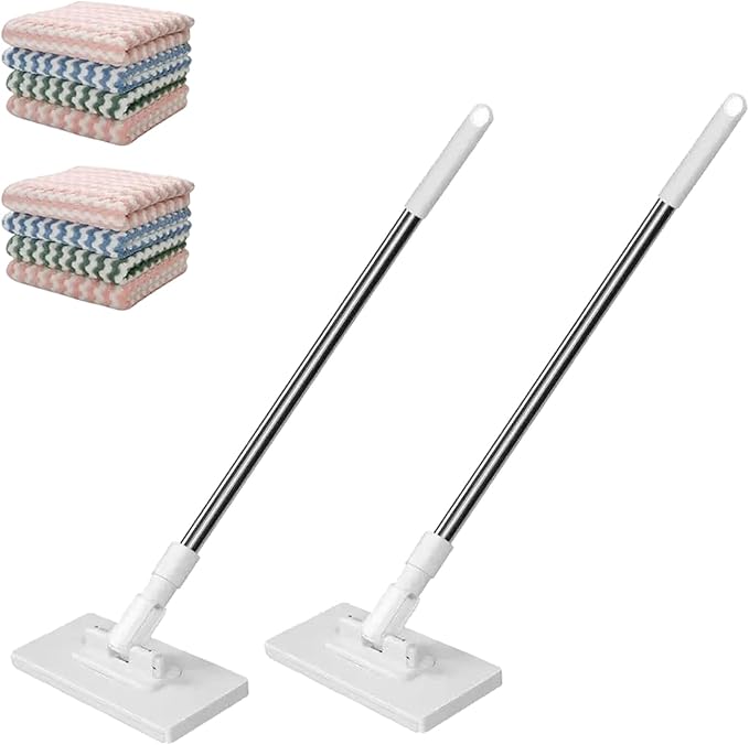 Snap Grip Mini Mop Zero Touch Mini Mop Clever Snap-Grip MiniMop Disposable Dustmop with 4 Reusable Cloths 360° Hands-Free Minimop Clip Mopping Stick for Floor Cleaning (2PCS)