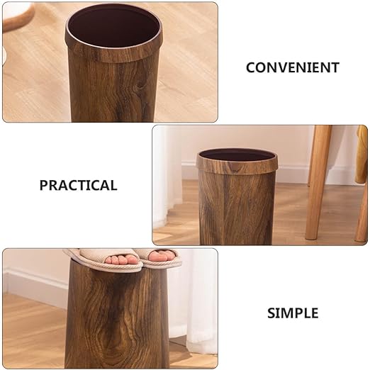Lurrose Retro Trash Can 10L Imitation Wood Grain Wastebasket with Press Ring Vintage Kitchen Bathroom Garbage Bin for Living Room and Toilet Use