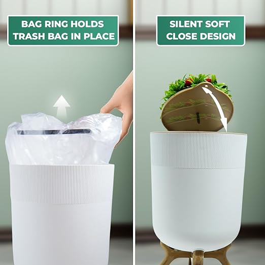 Small Bathroom Trash Can with Plant Style Lid 1.8 Gallon White Small Bathroom Garbage Can Decorative Wastebasket for Bedroom Office and Bathrooms Trash Bin That Looks Like a Plant