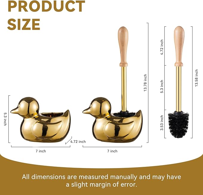 Duck Toilet Brush and Holder Set - Ceramic Bathroom Toilet Scrubber Brush Organizer with Wooden &amp Stainless SteelHandle Gold Toilet Brush &amp Cute Duck Design for Bath Decor Storage