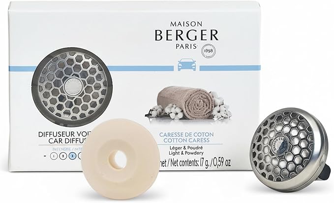 Maison Berger Car Diffuser Set – Refillable Vent Clip Ceramic Refill Made in France - Luxury Auto Scent - 4-Week Diffusion - Elegant Air Freshener for All Car Vents (Cotton Caress)