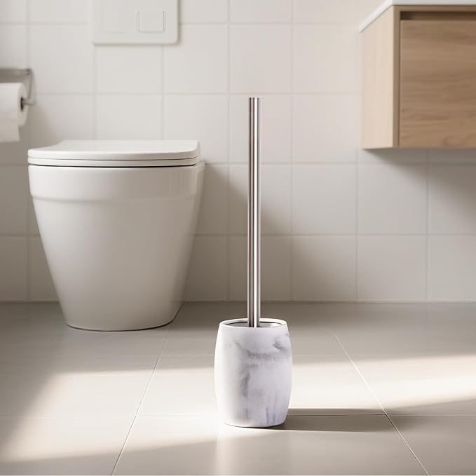 Toilet Bowl Brush and Holder with Stainless Steel Long Handle Toilet Scrubber Brush with Durable Base 360° Deep Cleaning Bristles for Bathroom Compact Set for Small Space (White)