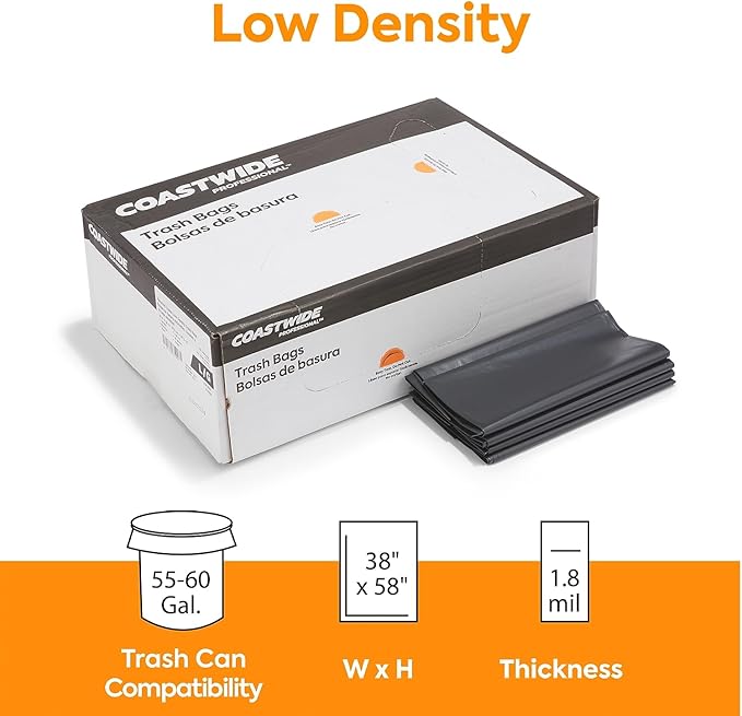 Professional 55-60 Gallon Trash Bag 38 x 58 Low Density 1.8 mil Black 100 Bags/Box