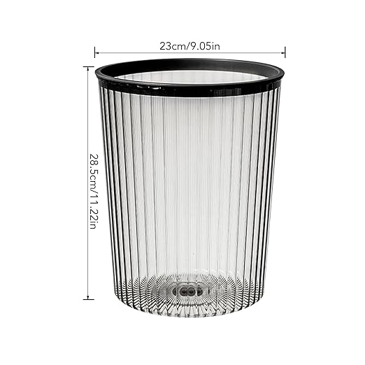 Clear Trash Can Garbage Bin Round Shape Clear Waste Basket Large Capacity Garbage Container with Top Rings for Bathroom Kitchen Dorm (Black)