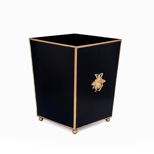 Jaye's Studio Regency Line Square Wastebasket &amp Garbage Bin Gold Trim &amp Finish Round Gold Feet Hand-Painted Metal Trash Bin for Bedroom Office Bathroom 9 x 9 x 12 (Black Gold Bee)