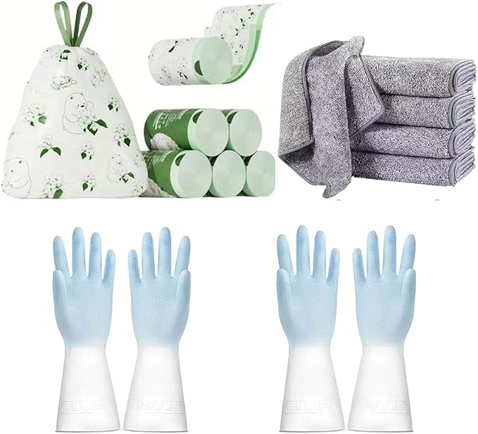 60 count Tear-Free 4 Gallon Trash Bag with Drawstring + 2 pairs Kitchen Dishwashing Gloves + 5 Pack Cleaning Cloth.