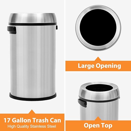 GarveeHome 17 gal/65 L Open Top Trash Can Stainless Steel Rubbish Bin Commercial Grade Waste Container Round Garbage Can for Outdoor Home Office Restaurant Silver