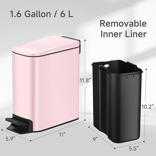 TIPGO Slim Bathroom Trash Can with Lid Soft Close 6 Liter / 1.6 Gallon Stainless Steel Garbage with Removable Inner Bucket Small Trash Bins for Bedroom Office (Pink)