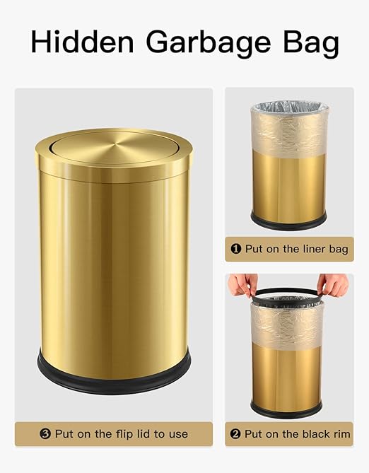 Stainless Steel Gold Trash can with Flipping Lid 2.4gallon Fingerprint-Proof Garbage cans Wastebasket Bin for Kitchen bothroom Living Room (Gold)