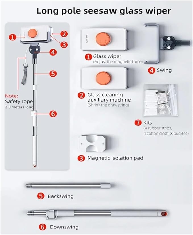 Double Sided Magnetic Glass Brush With Telescopic Rod Adjustable Anti-Drop For Various Home Window Cleaner(5-26mm With rod)