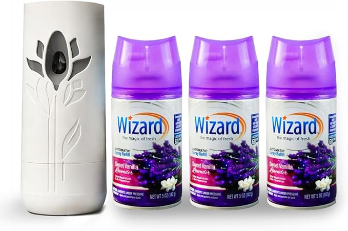 Wizard Automatic Spray Refill and Holder Kit Air Freshener for Home and Bathroom Sweet Vanilla Lavender 5 Oz3 Count