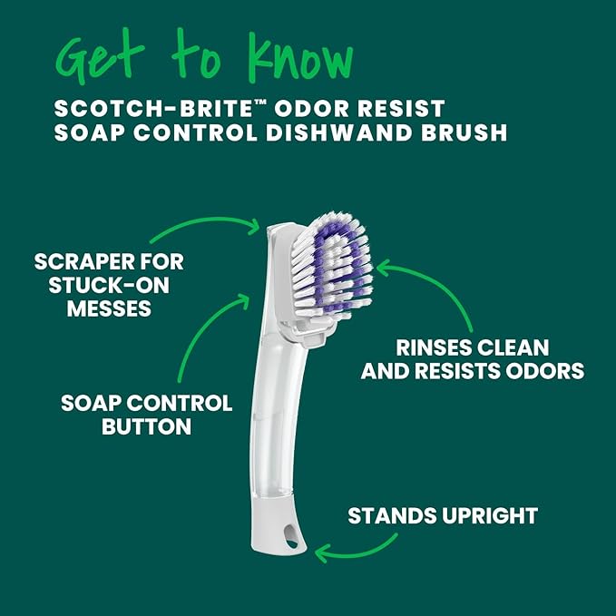 Scotch-Brite Odor Resist Soap Control Dishwand Brush Non-Scratch Cleaning Brush with Scraper Stands Upright 4-Pack