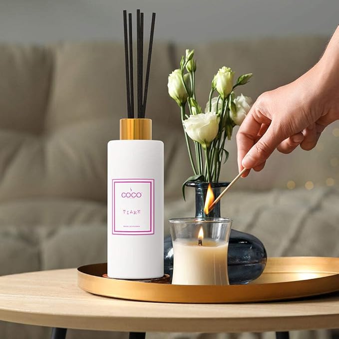 COCO by Stone 5oz Reed Diffuser (Tiare) – Luxury Scented Oil Diffuser for Home Aromatherapy Long-Lasting Vegan Fragrance Elegant Home Décor and Air Freshener