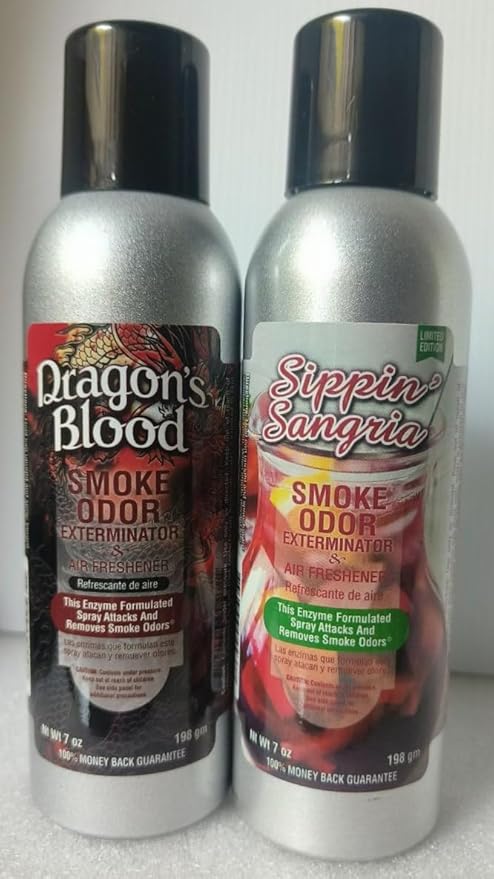 Smoke Odor Exterminator 198 gm/ 7 oz Large Spray Dragon's Blood Set of Two Cans. Assortment (2) Includes Dragon's Blood and Sippin Sangria.