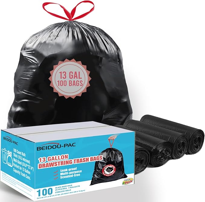 13 Gallon Trash Bags Drawstring 100 Count Bulk Black &amp Unscented Garbage Bags Multi-purpose Tall Kitchen Trash Bags Can Liners for Business Home Commercial and Industrial