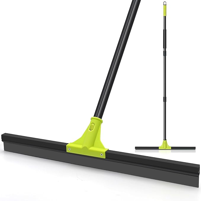 Floor Squeegee Heavy Duty 24” Rubber Foam Water Scraper Broom Epoxy Wiper Mop with 62 inches Long Handle for Cleaning Concrete Pool Rug Garage Deck Shower Window Outdoor Indoor (Green)