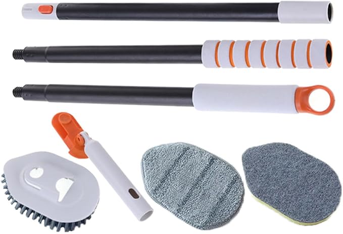 Multi-Functional Floor and Bathroom Cleaning Brush Set with Extendable Handle Hard Bristle Tile Scrub Brush and Replacement Pads Sturdy Scrubber for Shower and Floor Grout