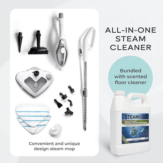 Steam &amp Go - The Housekeeper Steam Cleaner For Floors &amp Demineralized Water Bundle 10-in-1 Hard Floor Cleaner Machine &amp Grout Steam Cleaner with Floor Cleaning Solution 32 oz Eucalyptus