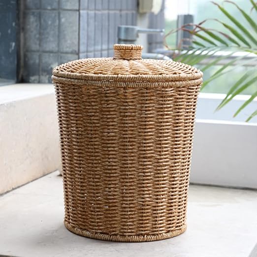 DOITOOL Rattan Round Waste Basket with Plastic Insert&amp Lid Woven Basket Trash Can Storage Basket for Bedroom Living Room Bathroom Kitchen and Laundry 11 x 9. x 7. 86inch