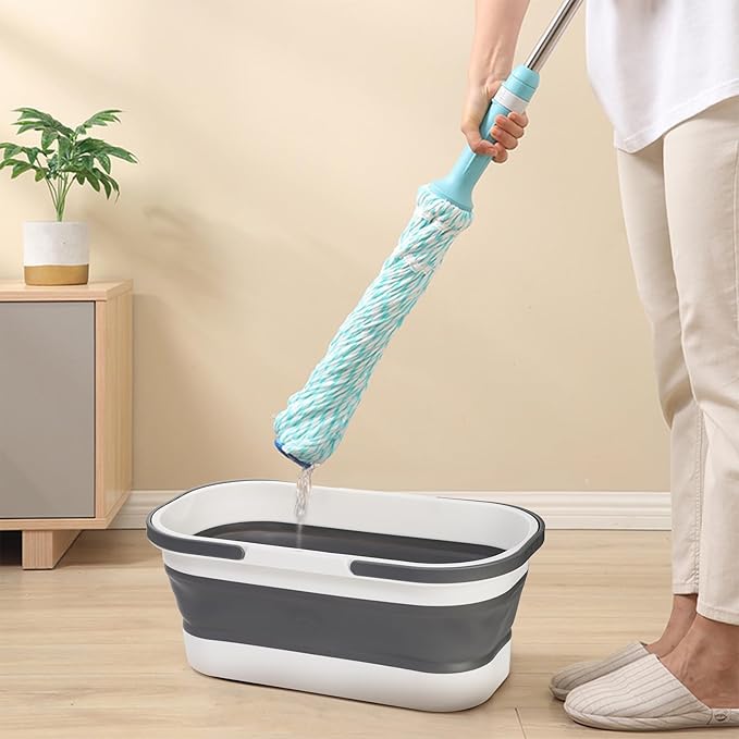 Yesland 2 Pack Collapsible Plastic Bucket with Wheels 12L (3.17 Gallon) Foldable Rectangular Mop Bucket Portable Water Pail with Handle for House Cleaning Car Washing Fishing Camping Gray &amp
