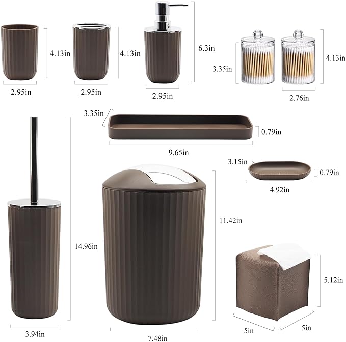 Bathroom Accessory Set - 10 Piece Brown Bathroom Accessories Set with Trash Can Toothbrush Holder and Cup Soap Dispenser Soap Dish Toilet Brush Holder Vanity Tray Qtip Holder Tissue Box Cover