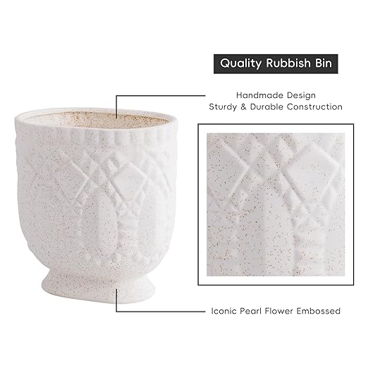 Bathroom Trash Can Ceramic Wastebasket Garbage Container for Bathroom Bedroom Dorm College Office Beige-White Decorative Compact Trash Can