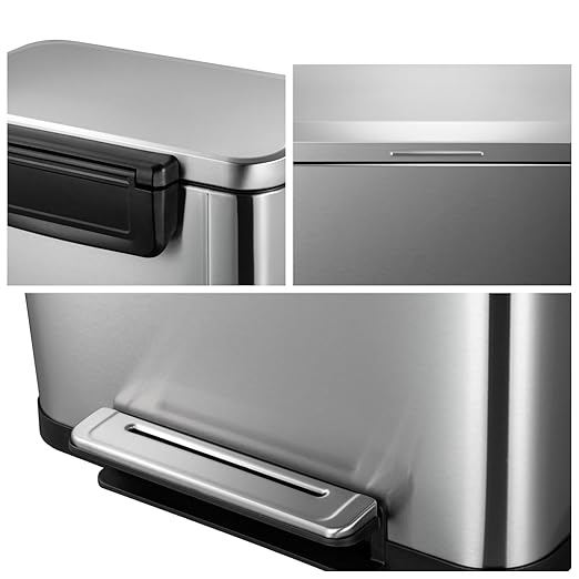 Stainless Steel 50 Liter / 13 Gallon Trash Can Rectangular Steel Pedal Recycle Bin with Lid and Inner Buckets Rectangular Hands-Free Kitchen Garbage Can