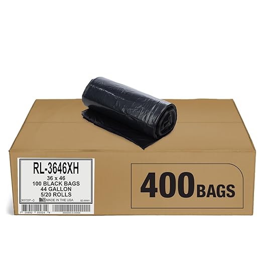 Aluf Plastics 44 Gallon Trash Can Liners (400 Count) - 36 x 46 - Thick 1.5 MIL Equivalent Black Trash Bags for Bathroom Kitchen Office Industrial Commercial Recycling and More