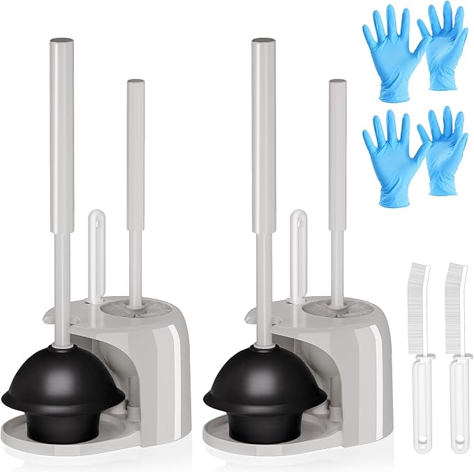 2PACK 4 in 1 Toilet Brush and Plunger Set with Crevice Cleaning Brush Toilet Plunger and Brush Set with Extra Long Handle Plungers for Bathroom Accessories Toilet Plunger with Holder Light Gray