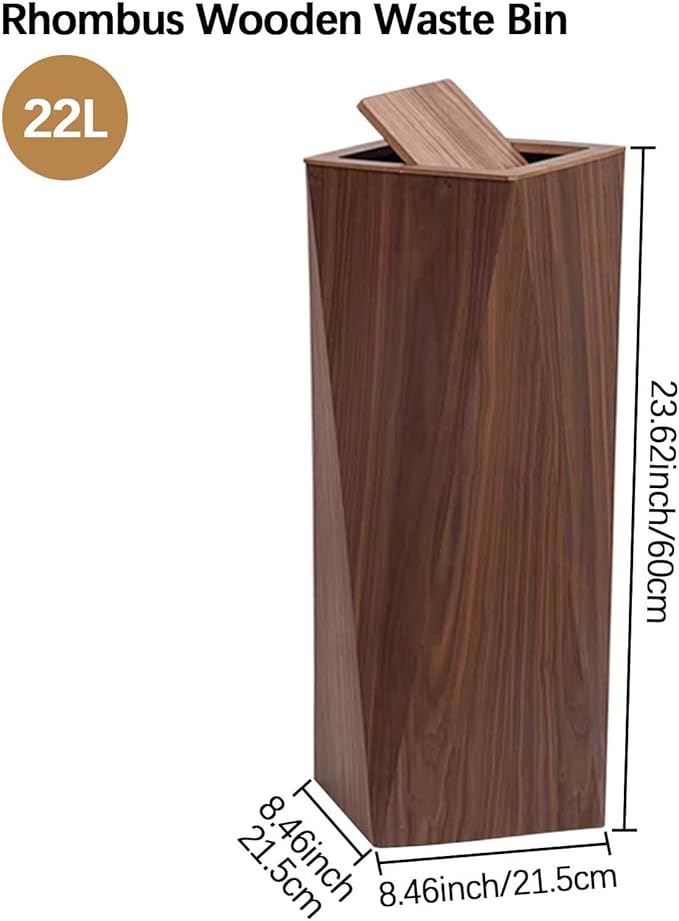 Drsyffsup Walnut Wood Narrow Garbage Bin | Office Trash Cans for Near Desk | Durable Diamond Shaped Trash Can | Rubbish Container Paper Basket Garbage Cans with Lids | Bathroom Bedroom Wastebasket
