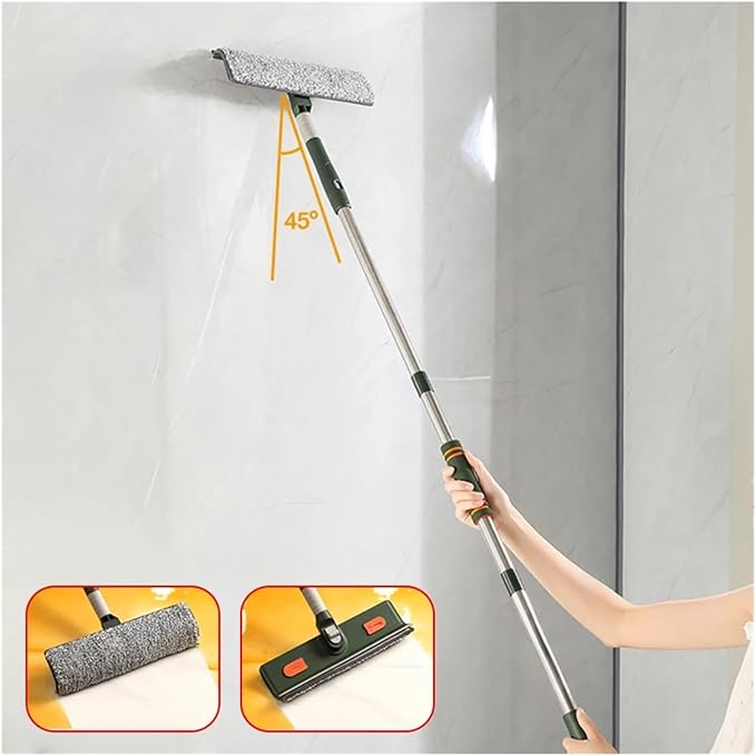 180° Rotatable Long Handle Window Mop – Glass Cleaner with Silicone Scraper and Brush – Household Cleaning Tool for High Windows(210cm - Hooks)