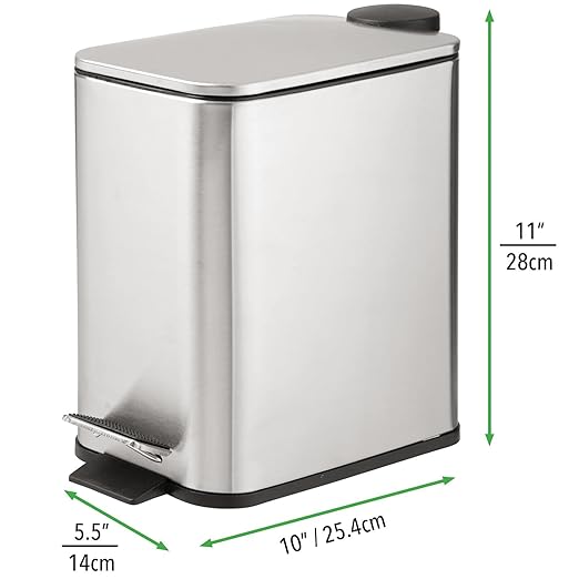 mDesign Slim Metal Rectangle 1.3 Gallon/5 Liter Trash Can with Step Pedal Easy-Close Lid Removable Liner - Narrow Wastebasket Garbage Container Bin for Bathroom Bedroom - Brushed Stainless Steel