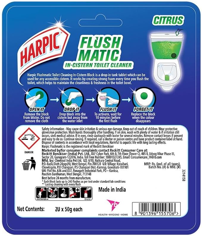 Harpic Flushmatic In-Cistern Toilet Cleaner Blocks Citrus - 100 g (Pack of 3) | Lasts Upto 240 Flushes