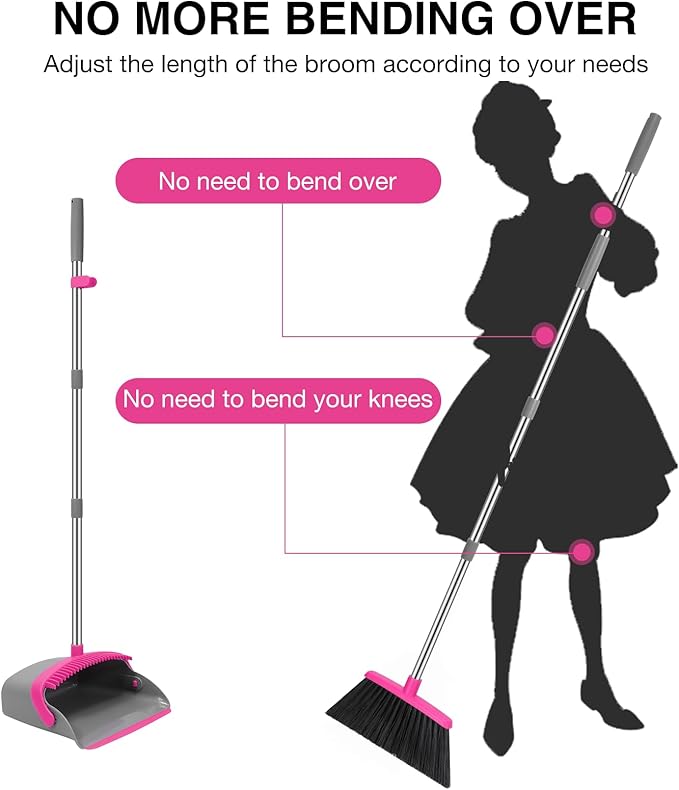 NACENA Broom and Dustpan Set 52-in Long Adjustable Handle Broom Dustpan Combo with Dustpan Teeth to Automatically Clean Hair Suitable for Home Kitchen Office Hall Floor（Grey&ampRose）