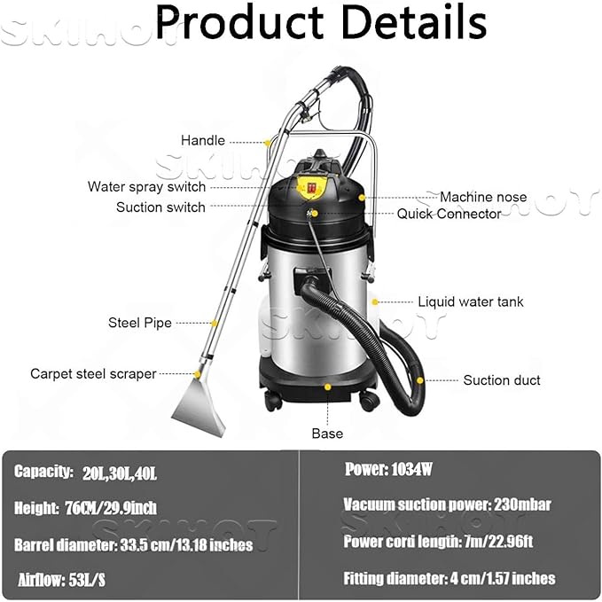 Carpet Shampooer3-in-1 Commercial Cleaner40L PortableWet Dry VacuumStainless Steelwith Long Flat/Round Brush for Sofa Curtain Carpet Cleaning 40L