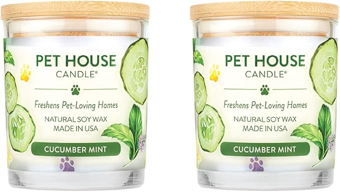 Pet House Candles Natural Scented Candles for Pet Odors 60 Hour Burn Time - Cucumber Mint 9 oz 2 Pack